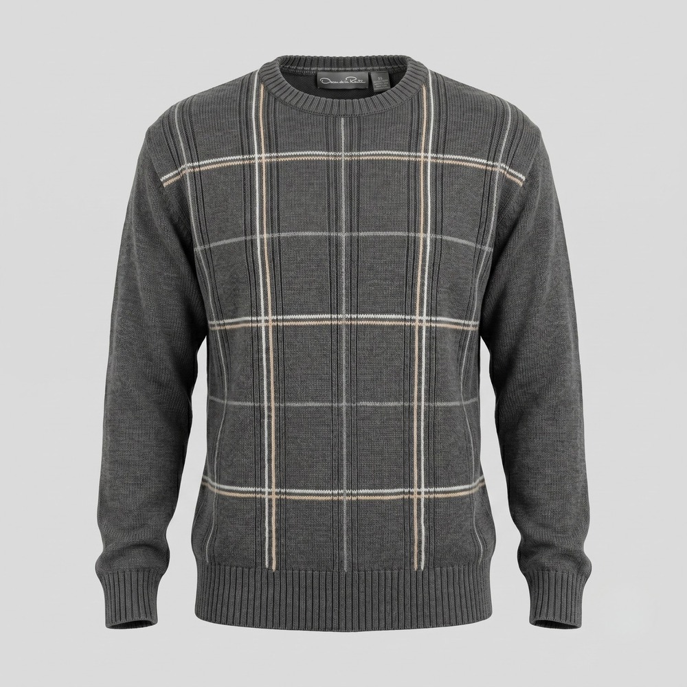 Oscar de la Renta Mens Large Grey Sweater Windowpane Plaid Crewneck Cotton Blend